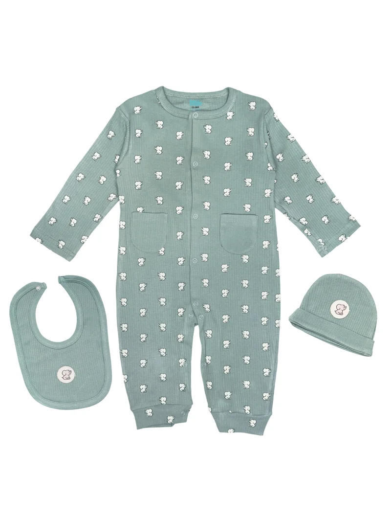 Babies Basic Babies Basic Ribbed Cotton Set with Sleepsuit/Romper, Cap and Bib