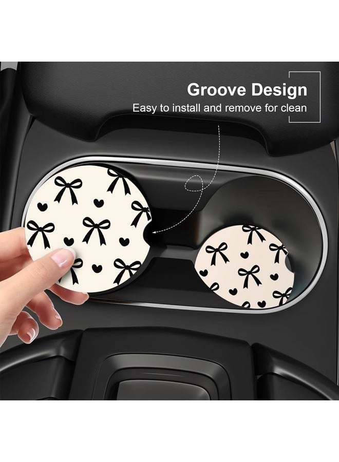 lethooly Ceramic Car Coasters – Absorbent Car Cup Holder Coaster Set for Women, Cute Aesthetic Car Accessories for Girls, 2 Pack, Black Bow Pattern - Image 4