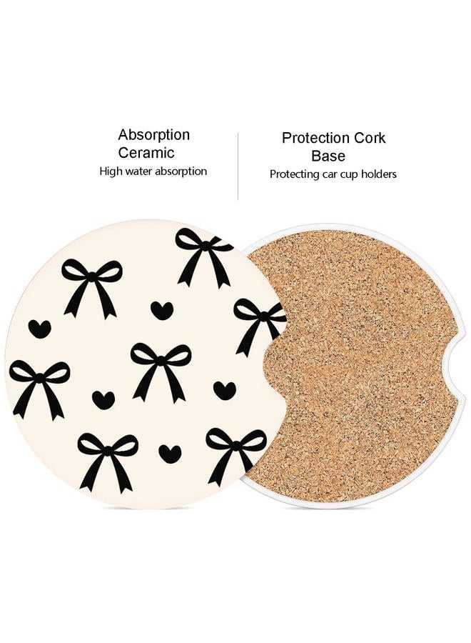 lethooly Ceramic Car Coasters – Absorbent Car Cup Holder Coaster Set for Women, Cute Aesthetic Car Accessories for Girls, 2 Pack, Black Bow Pattern - Image 3