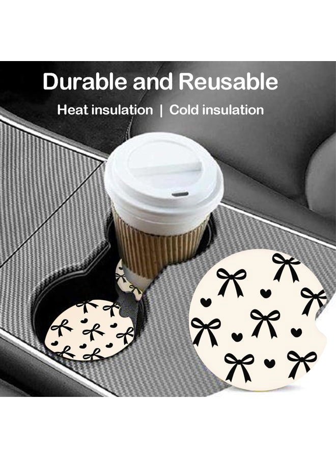 lethooly Ceramic Car Coasters – Absorbent Car Cup Holder Coaster Set for Women, Cute Aesthetic Car Accessories for Girls, 2 Pack, Black Bow Pattern - Image 2