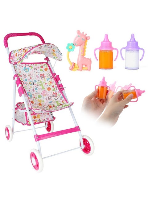 Baby Doll Stroller Set Baby Doll Accessories With Feeding Bottle Simulated Juice Milk And Rattle Toy Foldable Doll Stroller For Toddler Kids Boys Girls,For 12In 14In 16In Doll