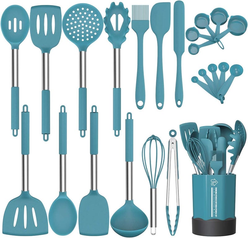 Fungun Silicone Cooking Utensil Set, Non-stick Kitchen 24 Pcs Cookware, Heat Resistant , Silicone Kitchen Tools Gift with Stainless Steel Handle (Blue-24pcs） - Image 1