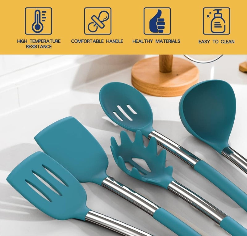 Fungun Silicone Cooking Utensil Set, Non-stick Kitchen 24 Pcs Cookware, Heat Resistant , Silicone Kitchen Tools Gift with Stainless Steel Handle (Blue-24pcs） - Image 2