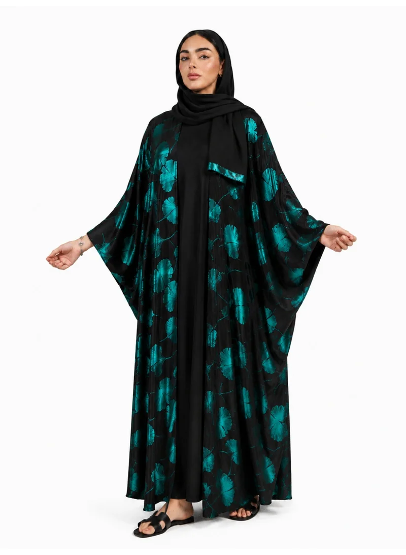 عباءات ريم All Over Shimmer Print Abaya with Inner Dress & Matching Sheila