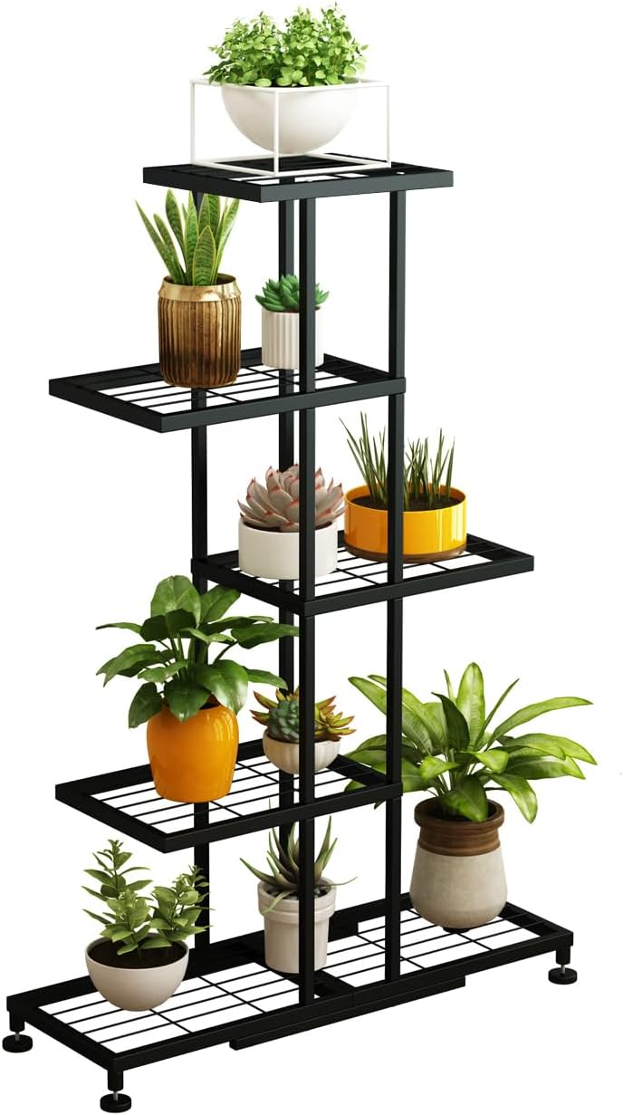 Twhep Plant Stand Indoor, Metal Plant Shelf Flower Pot Holder Display Racks - Wrought Iron Corner Multiple Planter Rack Organizer for Garden Patio Lawn Balcony Office or outdoor (black-5 Tier 11 Potted) - Image 1