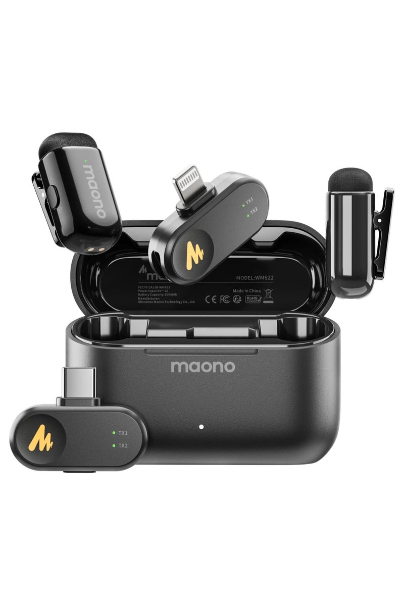 MAONO WM622-PBC2 Wave T1 Mini Wireless Lavalier Microphone – Dual USB-C & Lightning Receiver for iPhone, Android, and Type-C Devices – Clip-On Mic for YouTube, Vlogging, Interviews, and Content Creation - Image 1