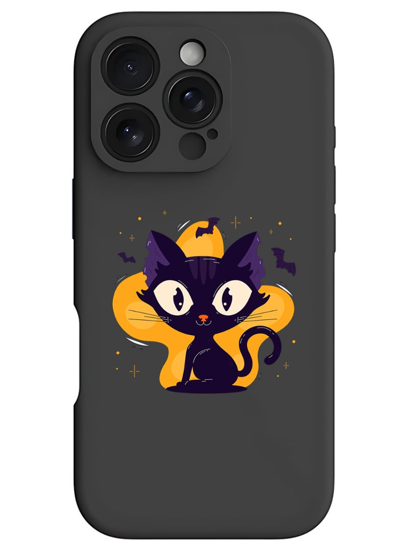 Theodor iPhone 16 Pro Black Protective Slim Fit Case Liquid Silicone Cover with Full Body Protection Anti-Scratch Shockproof Case For iPhone - Black Cat Halloween - Image 1