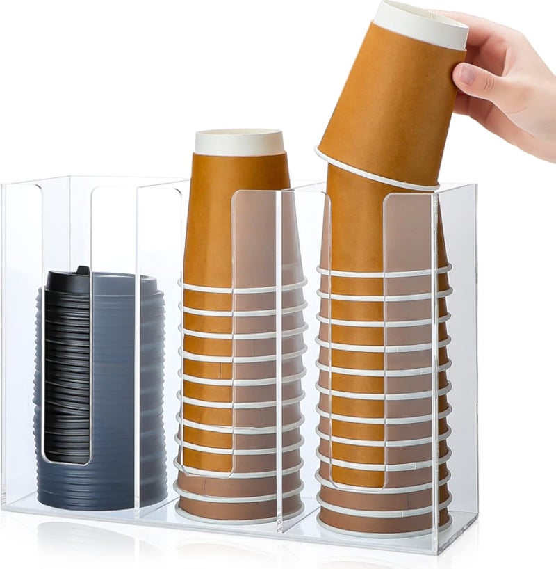 Cunhill 3 Compartments Acrylic Coffee Cup Dispenser Organizer Paper Cup Lid Sleeve Holder Disposable Cup Organizer Coffee Shop Supplies Paper Cup Holder Cup Storage Organizer for Counter Wall (Clear)