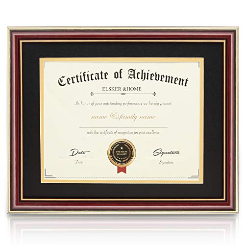 ELSKER&HOME ELSKERHOME 85x11Document Frame  High Gloss Reddish Brown Wood Color Frame  Made for Certificates Sized 85x11 Inch with Mat and 11x14 Inch Without Mat Double Mat Blakc with Golden Rim
