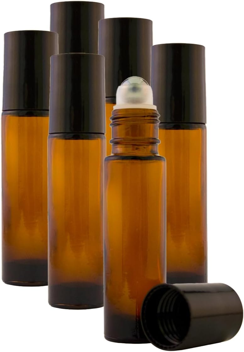 GreenHealth 6 Pack - Empty Roll on Glass Bottles [STAINLESS STEEL ROLLER] 10ml Refillable Color Roll On for Fragrance Essential Oil - Amber Color 