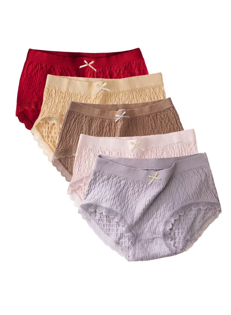 5 Pieces Women Underwear Mid Waist Pantie Lace Briefs High Stretching Ladies Panty  - Image 1