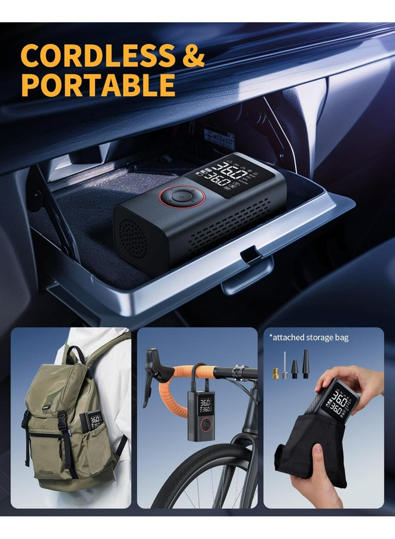 بيكنجينوس مضخة هواء الإطارات المحمولة، 150 رطل/بوصة²، مضخة دراجات لاسلكية، مضخة هواء للسيارات، الدراجات النارية، الدراجات، الكرات، مزودة بمقياس ضغط، إضاءة LED وملحقات السيارة، أسود، السعة القياسية - Image 5