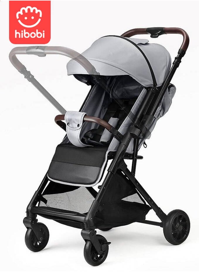 hibobi Baby Stroller, Reversible Handle, Full Recline Seat, 5-Point Harness, Adjustable Footrest & Canopy, Compact Fold Design, Lightweight Stroller for 0-3 Years, Grey  - Image 1