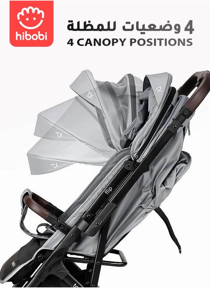 hibobi Baby Stroller, Reversible Handle, Full Recline Seat, 5-Point Harness, Adjustable Footrest & Canopy, Compact Fold Design, Lightweight Stroller for 0-3 Years, Grey  - Image 3