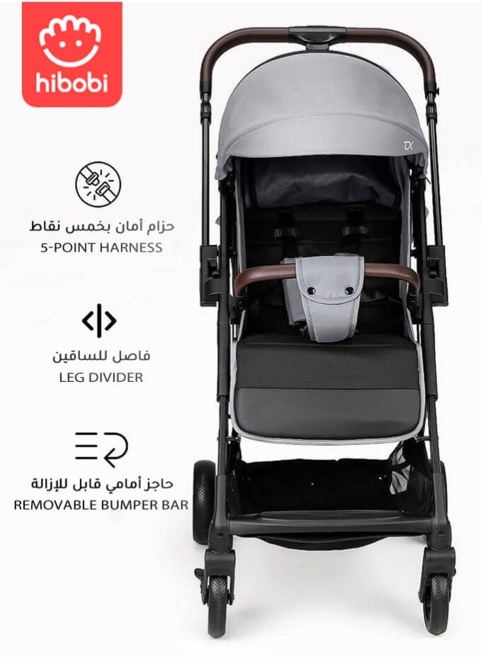hibobi Baby Stroller, Reversible Handle, Full Recline Seat, 5-Point Harness, Adjustable Footrest & Canopy, Compact Fold Design, Lightweight Stroller for 0-3 Years, Grey  - Image 5