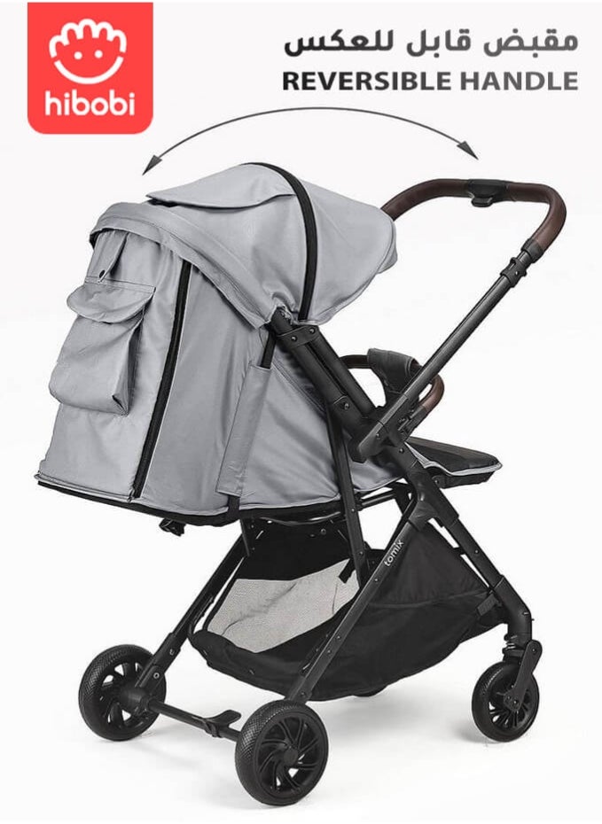 hibobi Baby Stroller, Reversible Handle, Full Recline Seat, 5-Point Harness, Adjustable Footrest & Canopy, Compact Fold Design, Lightweight Stroller for 0-3 Years, Grey  - Image 2
