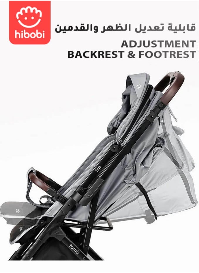 hibobi Baby Stroller, Reversible Handle, Full Recline Seat, 5-Point Harness, Adjustable Footrest & Canopy, Compact Fold Design, Lightweight Stroller for 0-3 Years, Grey  - Image 4
