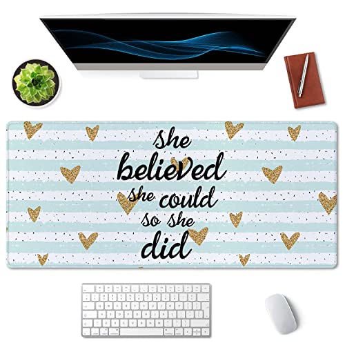 SSOIU Inspirational Quote Desk Mat,Large Mouse Pad 35.5" x 15.7" XXL Extended Gaming Mouse Pad Mat with Non-Slip Base Stitched Edge Mousepad for Computer,Office - She Believed she Could so she did - Image 3
