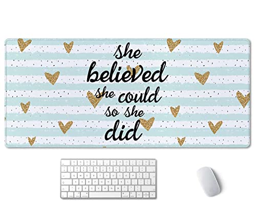 SSOIU Inspirational Quote Desk Mat,Large Mouse Pad 35.5" x 15.7" XXL Extended Gaming Mouse Pad Mat with Non-Slip Base Stitched Edge Mousepad for Computer,Office - She Believed she Could so she did - Image 1