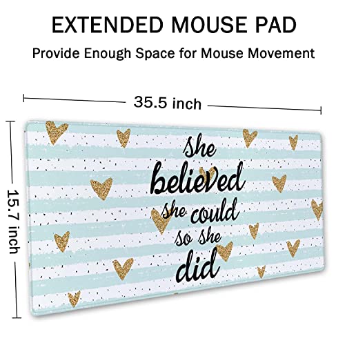 SSOIU Inspirational Quote Desk Mat,Large Mouse Pad 35.5" x 15.7" XXL Extended Gaming Mouse Pad Mat with Non-Slip Base Stitched Edge Mousepad for Computer,Office - She Believed she Could so she did - Image 2