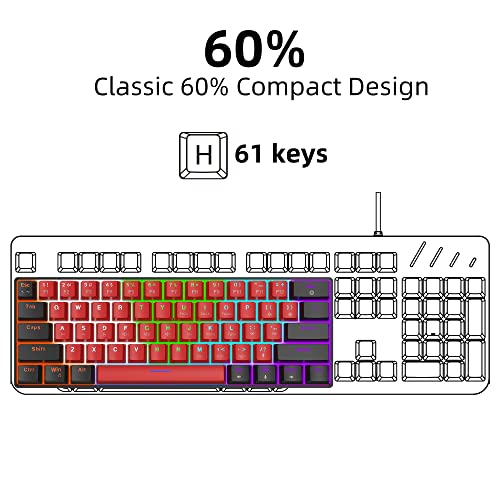 Snpurdiri 60% Wired Mechanical Keyboard, Mini Gaming Keyboard with 61 Keys for PC, Windows XP, Win 7, Win 10 (Black-Red, Red Switches) - Image 2