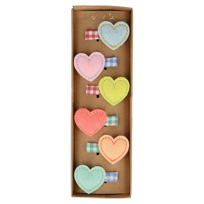 Meri Meri Meri Meri Felt Heart Hair Clips (Pack of 6), 6 Different Colored Hair Clips, Valentine's Day Gifts, Ages 3+