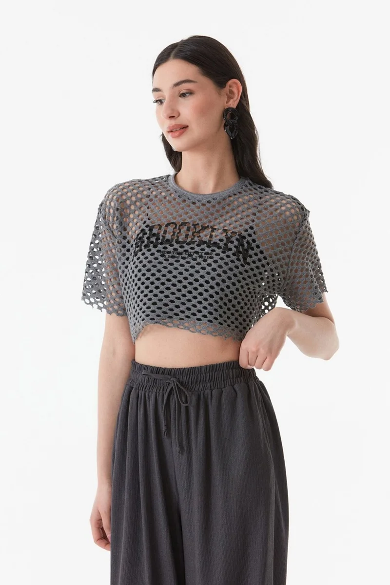 فولامودا Printed Openwork Knitwear Crop Blouse