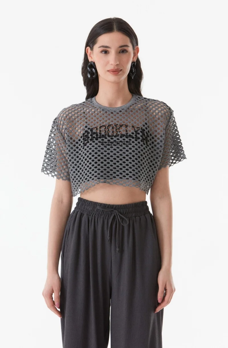 فولامودا Printed Openwork Knitwear Crop Blouse