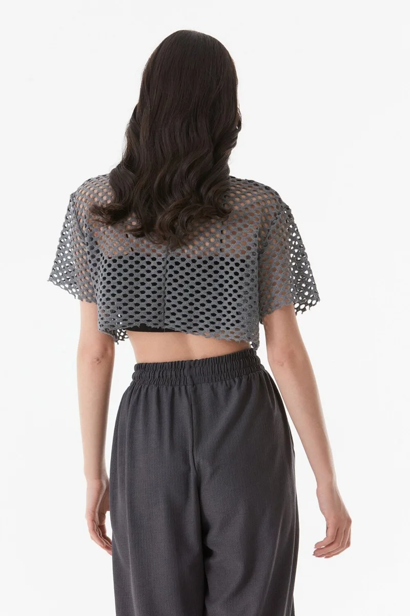 فولامودا Printed Openwork Knitwear Crop Blouse