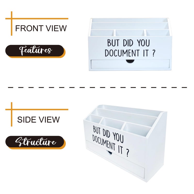 EXQUIDECA Wooden White Rustic Countertop Mail Storage Holder with Drawer and Compartments - Office Desk Accessories and Workspace Organizers - Desktop Sorter for Pen Stationery Letter Files Documents - Image 3
