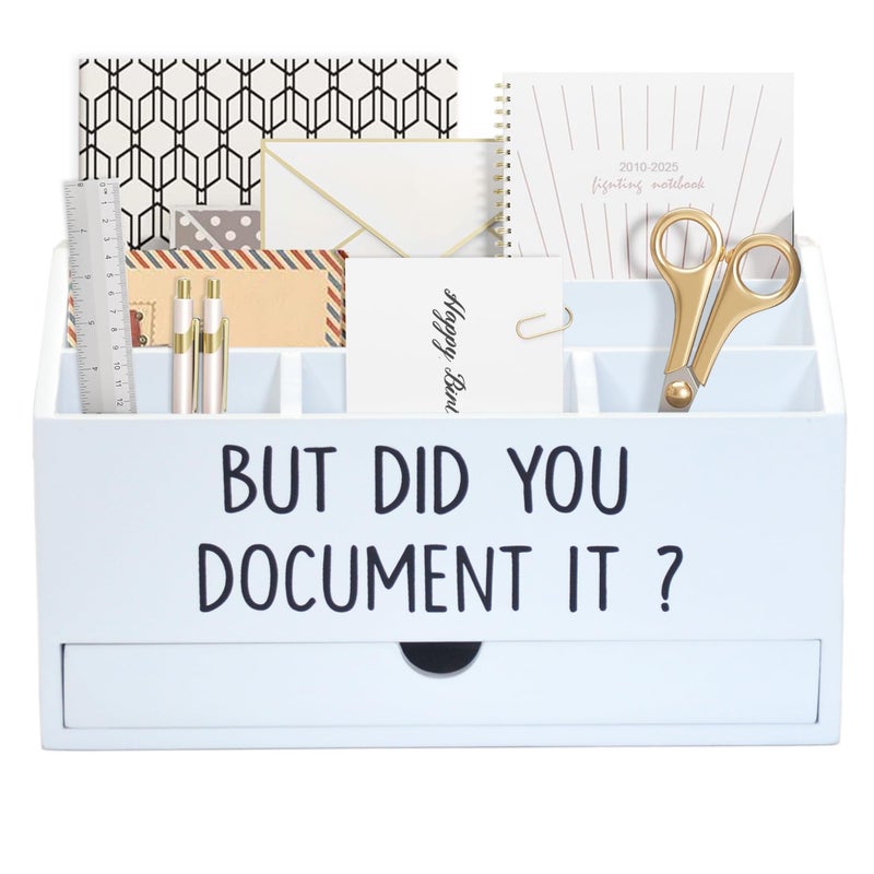 EXQUIDECA Wooden White Rustic Countertop Mail Storage Holder with Drawer and Compartments - Office Desk Accessories and Workspace Organizers - Desktop Sorter for Pen Stationery Letter Files Documents - Image 1