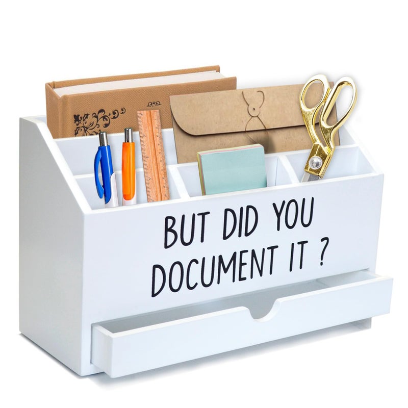 EXQUIDECA Wooden White Rustic Countertop Mail Storage Holder with Drawer and Compartments - Office Desk Accessories and Workspace Organizers - Desktop Sorter for Pen Stationery Letter Files Documents - Image 5