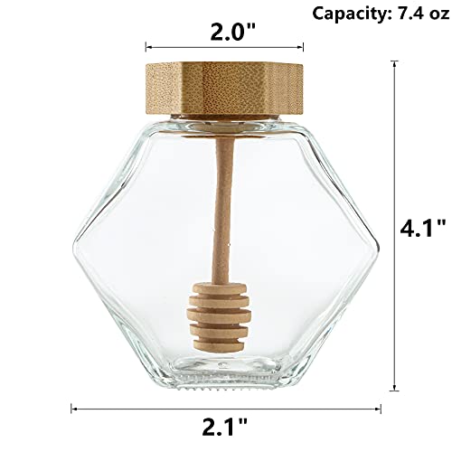 DEAYOU 4 Pack 7 Oz Honey Pot Jars, Glass Honey Pot with Wooden Dipper and Cork Lid, Hexagon Shape Honey Container Dispenser Storage, Clear Heat-Resistant Honeypot for Home, Kitchen - Image 2