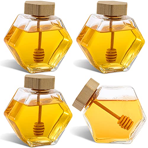 DEAYOU 4 Pack 7 Oz Honey Pot Jars, Glass Honey Pot with Wooden Dipper and Cork Lid, Hexagon Shape Honey Container Dispenser Storage, Clear Heat-Resistant Honeypot for Home, Kitchen - Image 1