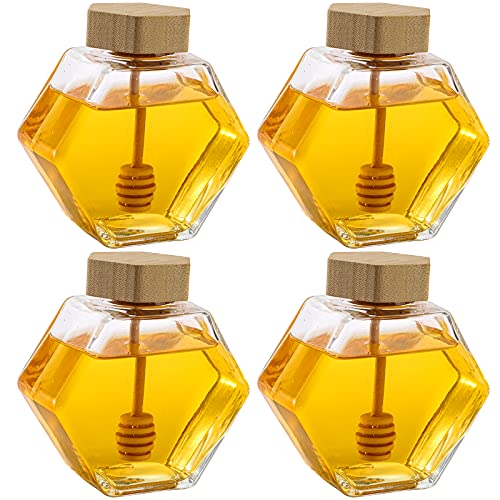 DEAYOU 4 Pack 7 Oz Honey Pot Jars, Glass Honey Pot with Wooden Dipper and Cork Lid, Hexagon Shape Honey Container Dispenser Storage, Clear Heat-Resistant Honeypot for Home, Kitchen - Image 5