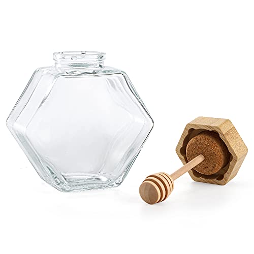 DEAYOU 4 Pack 7 Oz Honey Pot Jars, Glass Honey Pot with Wooden Dipper and Cork Lid, Hexagon Shape Honey Container Dispenser Storage, Clear Heat-Resistant Honeypot for Home, Kitchen - Image 4