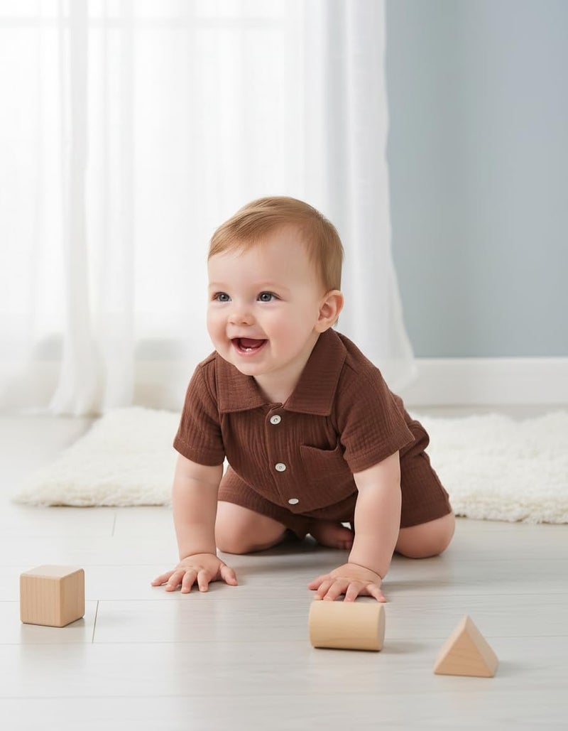 Jecson Newborn Boy Clothes Baby Boy Outfits Summer Cotton 2 Piece Set with Button Down Bodysuit and Shorts 0-18M - Image 3