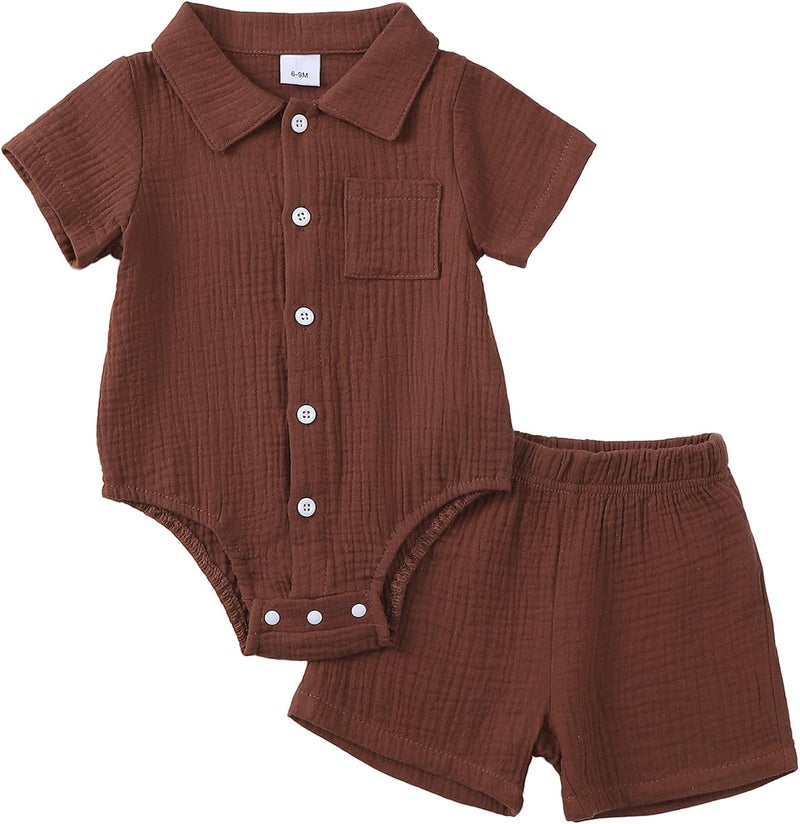 Jecson Newborn Boy Clothes Baby Boy Outfits Summer Cotton 2 Piece Set with Button Down Bodysuit and Shorts 0-18M - Image 1