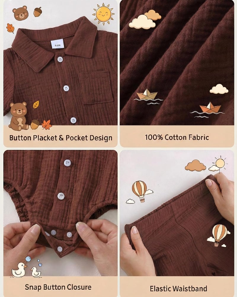 Jecson Newborn Boy Clothes Baby Boy Outfits Summer Cotton 2 Piece Set with Button Down Bodysuit and Shorts 0-18M - Image 4