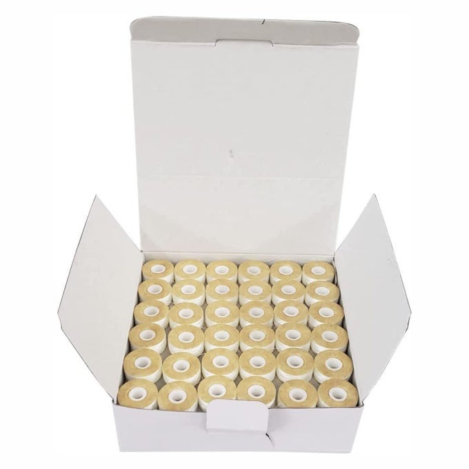 SUPERB PREWOUND BOBBINS WHITE STYLE L SMALL POLYESTER PREWOUND BOBBINS THREAD BOX OF 144