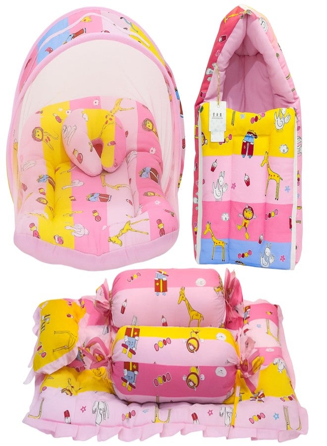 Fareto Combo of Baby Bed with Net | Carry Bag | 4 Pcs Bedding Set (0-6 Months, Baby Size, Cotton) (Pink Giffi) - Image 1