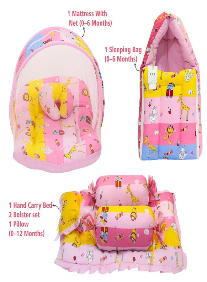 Fareto Combo of Baby Bed with Net | Carry Bag | 4 Pcs Bedding Set (0-6 Months, Baby Size, Cotton) (Pink Giffi) - Image 3