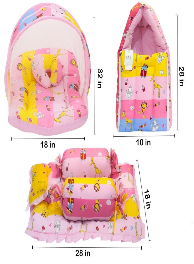 Fareto Combo of Baby Bed with Net | Carry Bag | 4 Pcs Bedding Set (0-6 Months, Baby Size, Cotton) (Pink Giffi) - Image 5