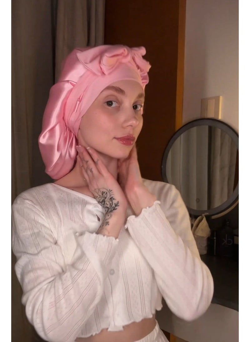 Premier Double Layer Solid Color Silk Satin Sleepy Hat Hair Bonnets for Sleeping with Soft Elastic Tie Band and Ribbon, Hair Care Simple Color Large Night Sleep Cap Scarf Wrap Heatless for Natural Straight Curly Hair Women, Pink - Image 5