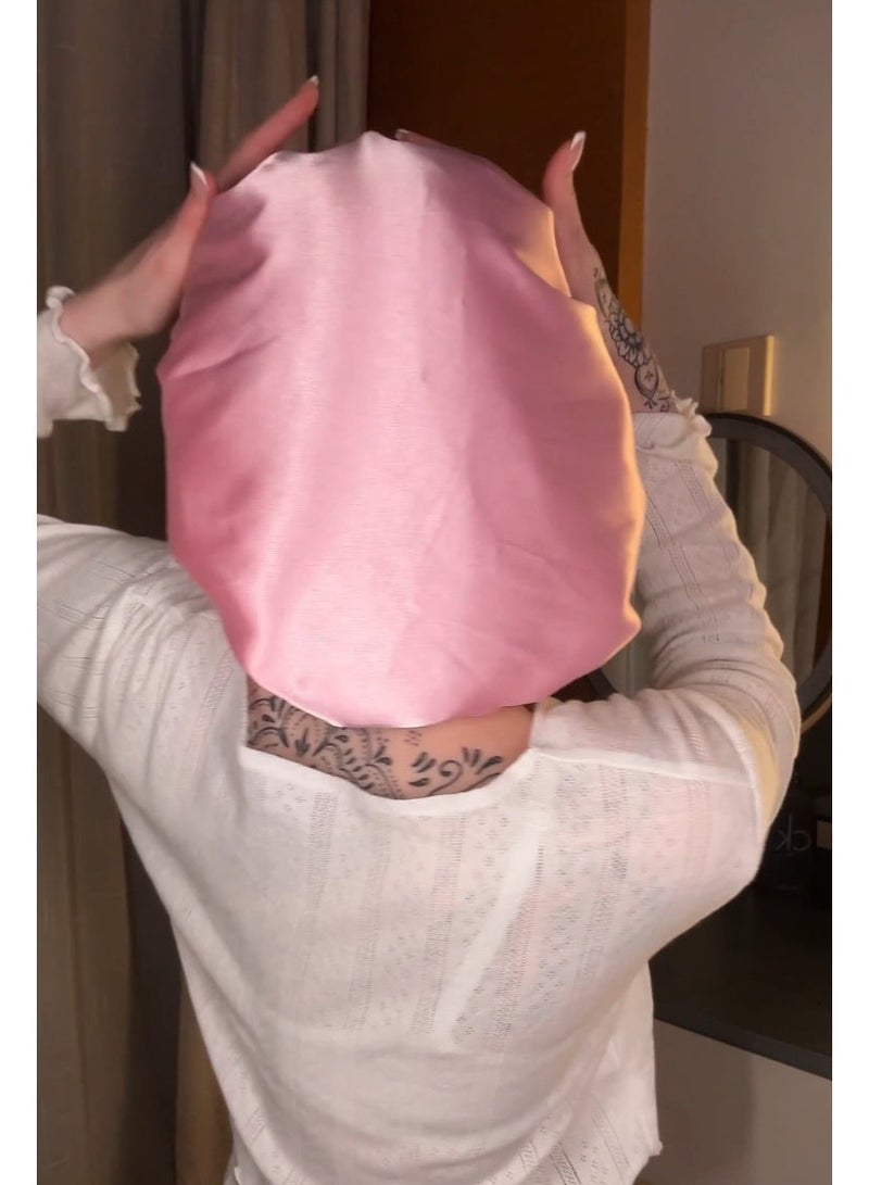 Premier Double Layer Solid Color Silk Satin Sleepy Hat Hair Bonnets for Sleeping with Soft Elastic Tie Band and Ribbon, Hair Care Simple Color Large Night Sleep Cap Scarf Wrap Heatless for Natural Straight Curly Hair Women, Pink - Image 4