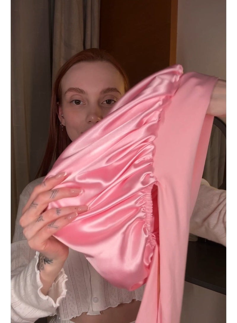 Premier Double Layer Solid Color Silk Satin Sleepy Hat Hair Bonnets for Sleeping with Soft Elastic Tie Band and Ribbon, Hair Care Simple Color Large Night Sleep Cap Scarf Wrap Heatless for Natural Straight Curly Hair Women, Pink - Image 2