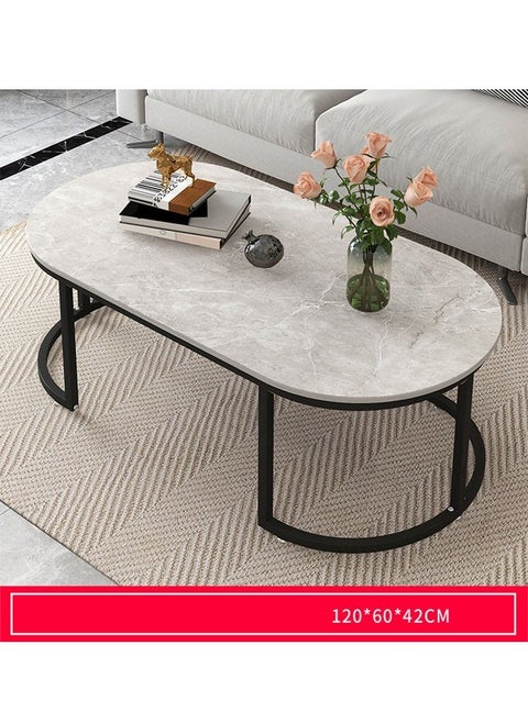 Oval Coffee Table Grey Stone Pattern With Black Steel Frame