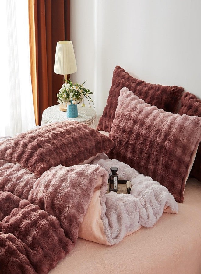 YASMENG Fluffy Faux Rabbit Fur Duvet Cover Set Twin Size Rose Pink, Luxury Soft Plush Shaggy Comforter Cover for Cold Winter Spring Fall, 2pcs Girls Velvet Fuzzy Furry Bedding Sets Gradient Pink - Image 3