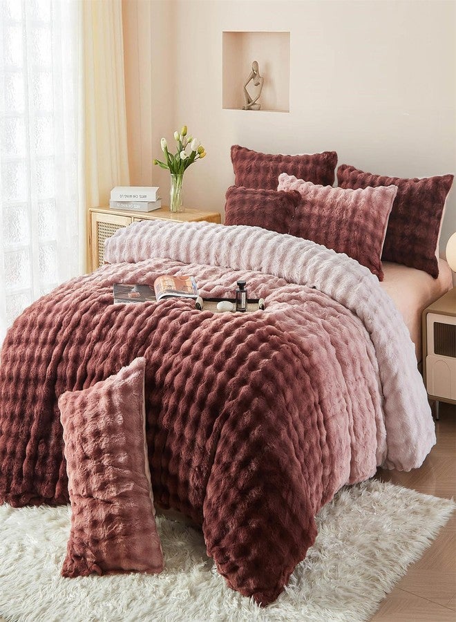 YASMENG Fluffy Faux Rabbit Fur Duvet Cover Set Twin Size Rose Pink, Luxury Soft Plush Shaggy Comforter Cover for Cold Winter Spring Fall, 2pcs Girls Velvet Fuzzy Furry Bedding Sets Gradient Pink - Image 2