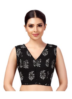 Studio Shringaar Studio Shringaar Women's Readymade Cotton Sleeveless Mulmul Block Printed Saree Blouse (Black, 36)  - Image 1